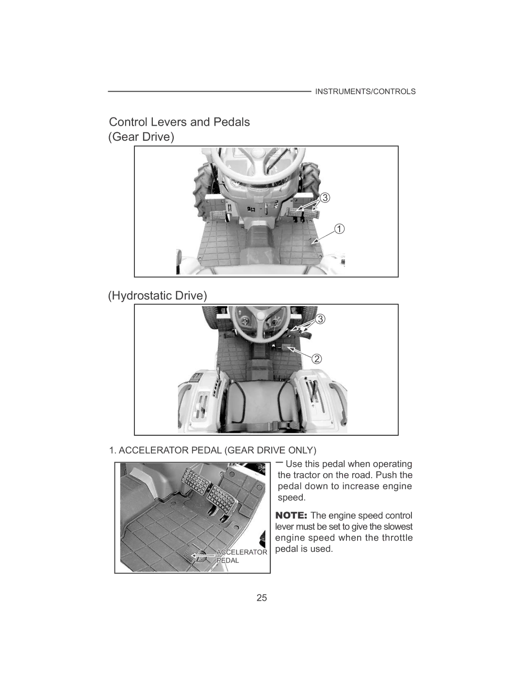 Cub Cadet 7532, 7530 manual Control Levers and Pedals Gear Drive Hydrostatic Drive, Accelerator Pedal Gear Drive only 