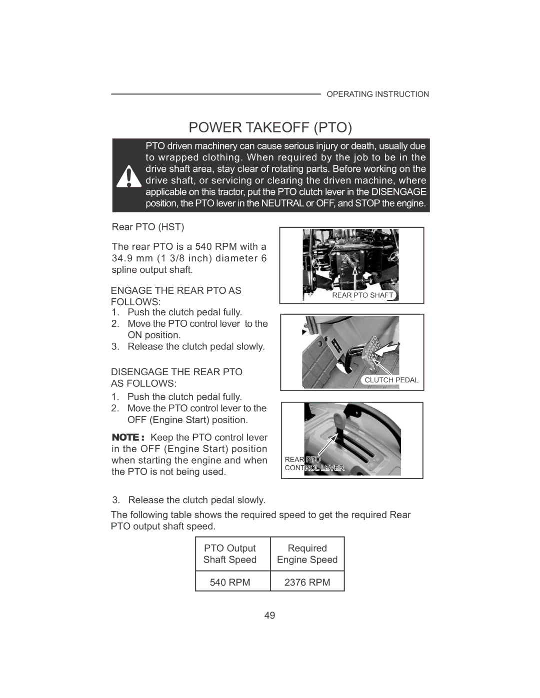 Cub Cadet 7532, 7530 manual Power Takeoff PTO, Engage the Rear PTO AS Follows, Disengage the Rear PTO 