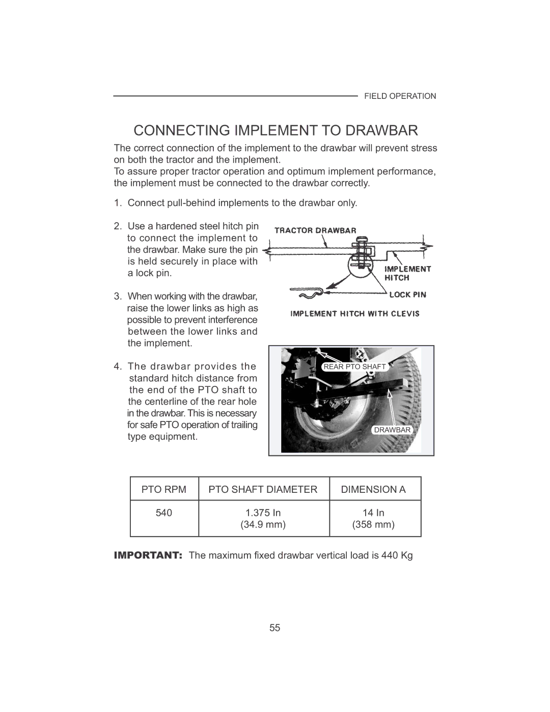 Cub Cadet 7532, 7530 manual Connecting Implement to Drawbar, PTO RPM PTO Shaft Diameter Dimension a 