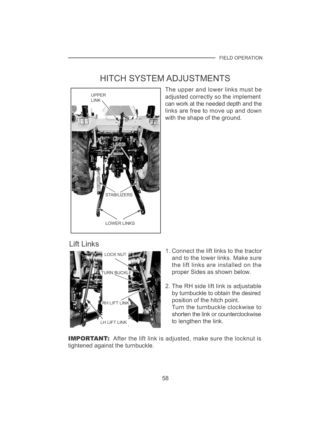 Cub Cadet 7530, 7532 manual Hitch System Adjustments, Lift Links 