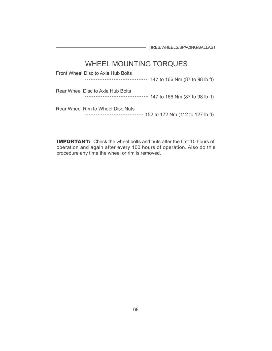 Cub Cadet 7530, 7532 manual Wheel Mounting Torques 