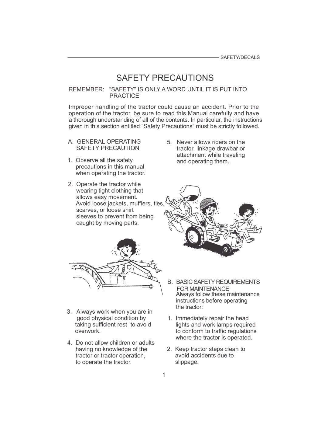 Cub Cadet 7532, 7530 Safety Precautions, General Operating Safety Precaution, Basic Safety Requirements For Maintenance 