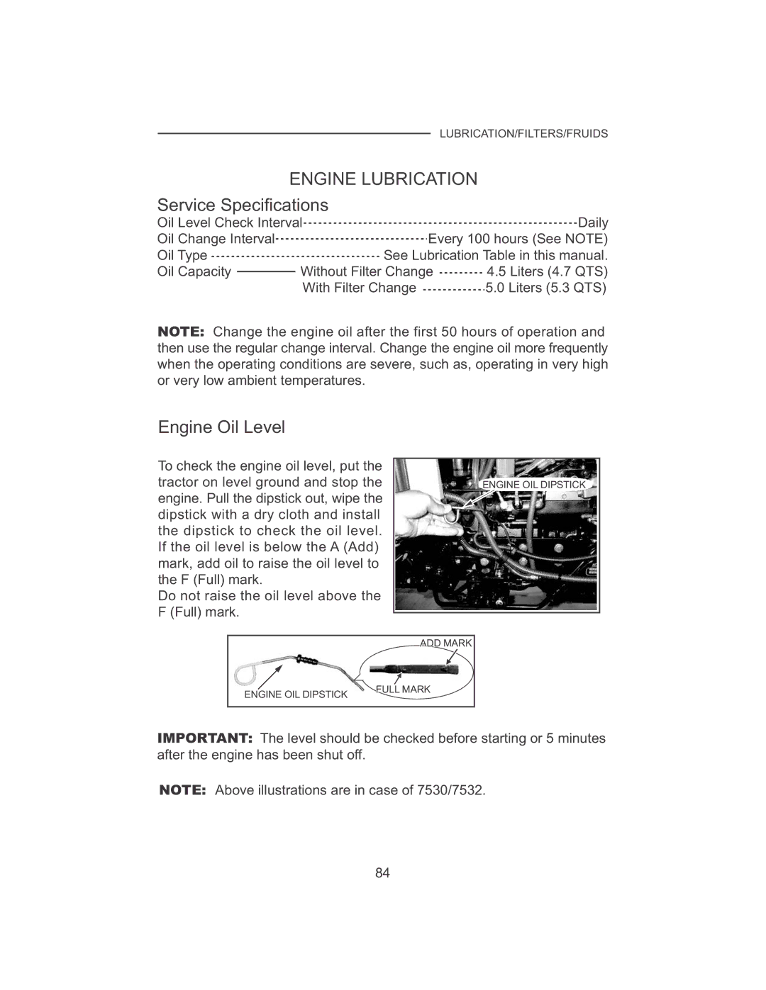 Cub Cadet 7530, 7532 manual Service Specifications, Engine Oil Level 