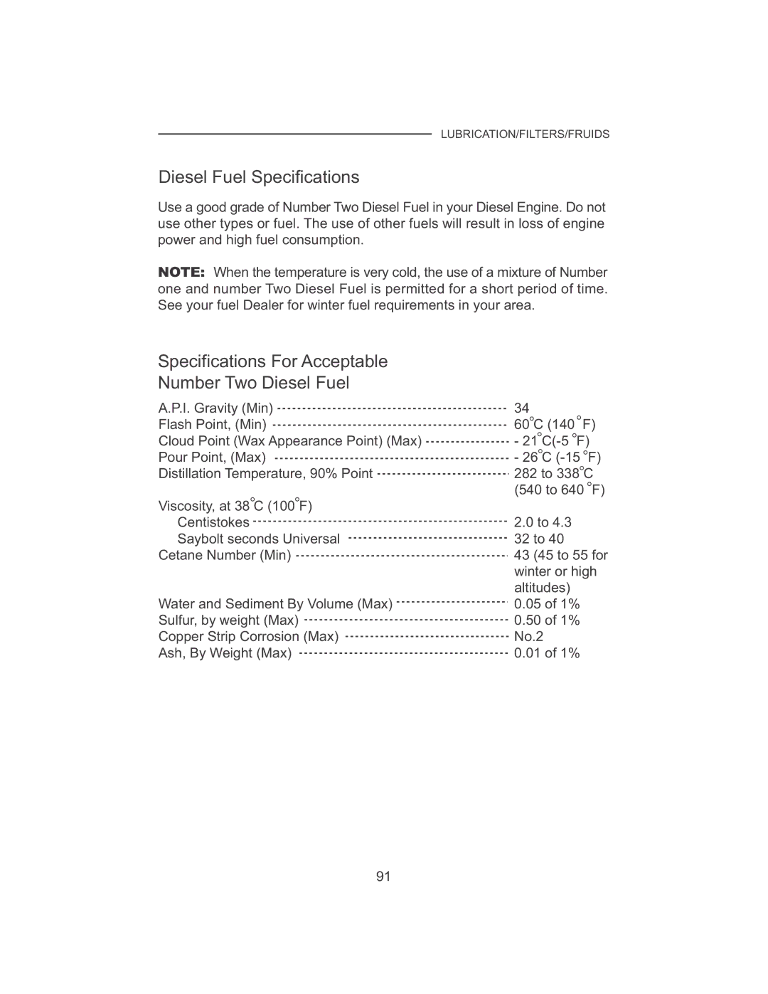 Cub Cadet 7532, 7530 manual Diesel Fuel Specifications, Specifications For Acceptable Number Two Diesel Fuel 