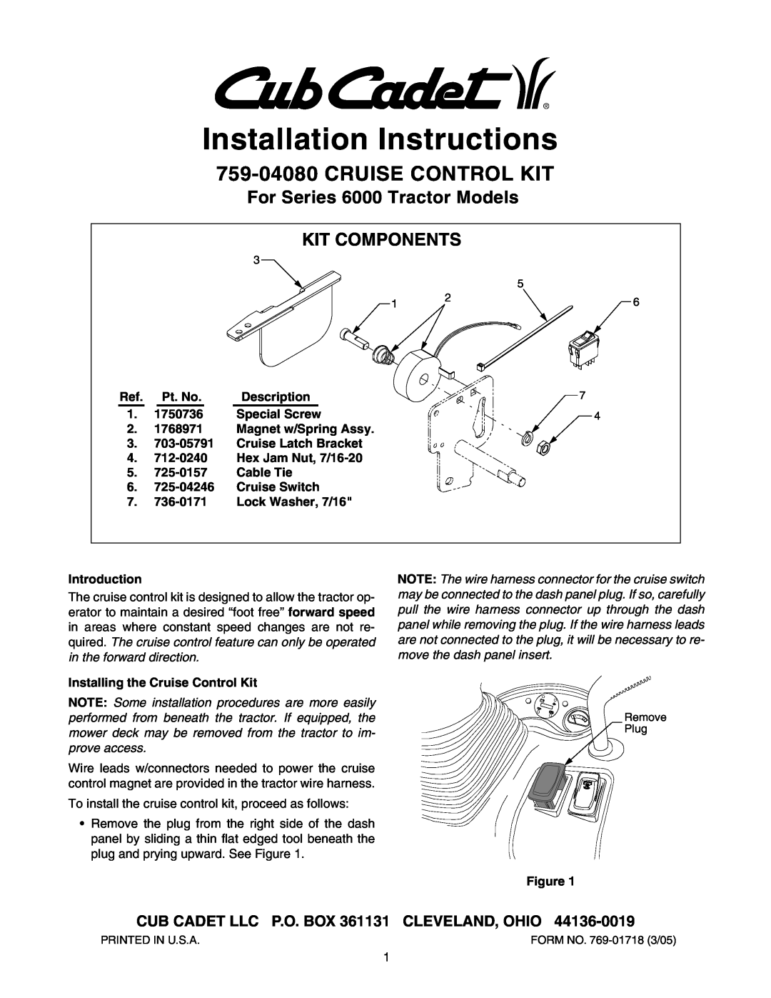 Cub Cadet 759-04080 installation instructions Installation Instructions, Cruise Control Kit 