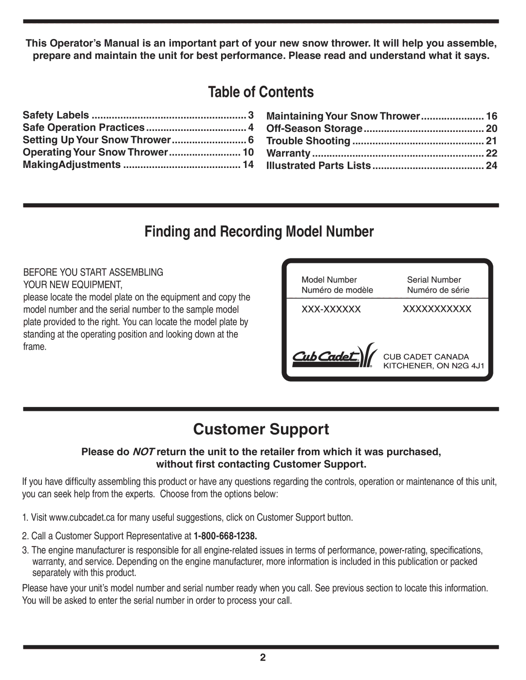 Cub Cadet 769-03268 warranty Table of Contents, Finding and Recording Model Number, Customer Support 