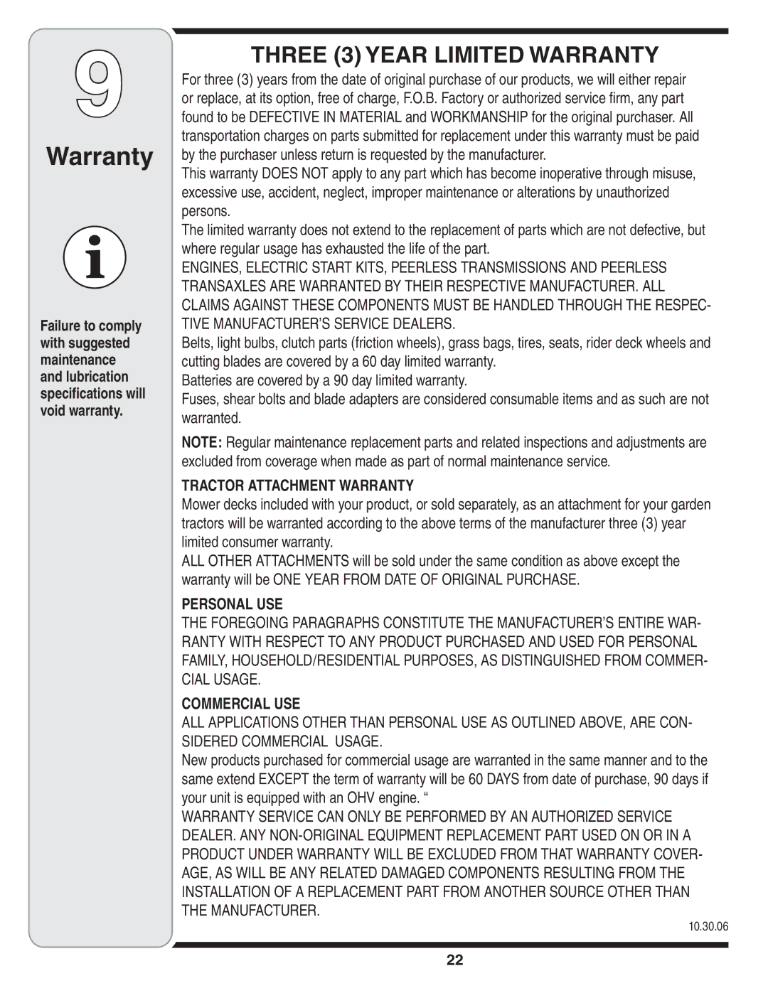 Cub Cadet 769-03268 warranty Warranty, 10.30.06 