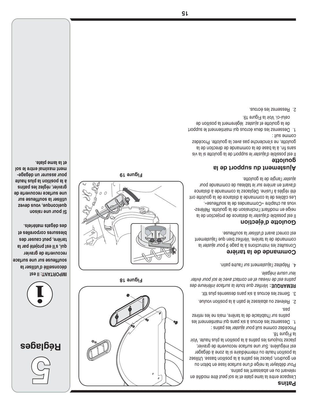 Cub Cadet 769-03268 warranty Réglages, La de support du Ajustement, ’éjection Goulotte, Tarière la de Commande 