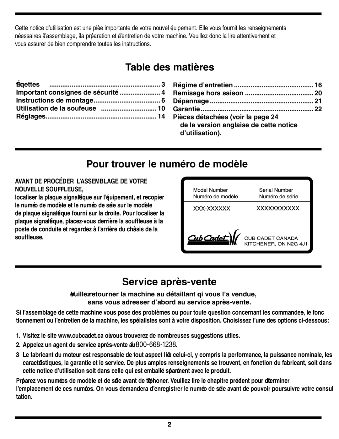 Cub Cadet 769-03268 warranty Vente-après Service, Modèle de numéro le trouver Pour, Matières des Table 