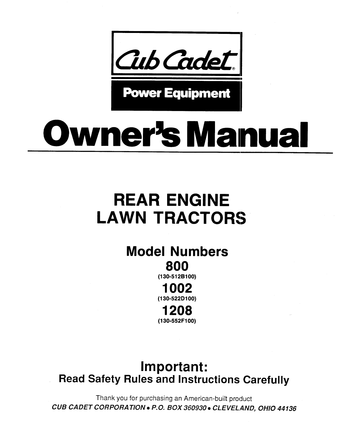Cub Cadet 1208, 800, 1002 manual 