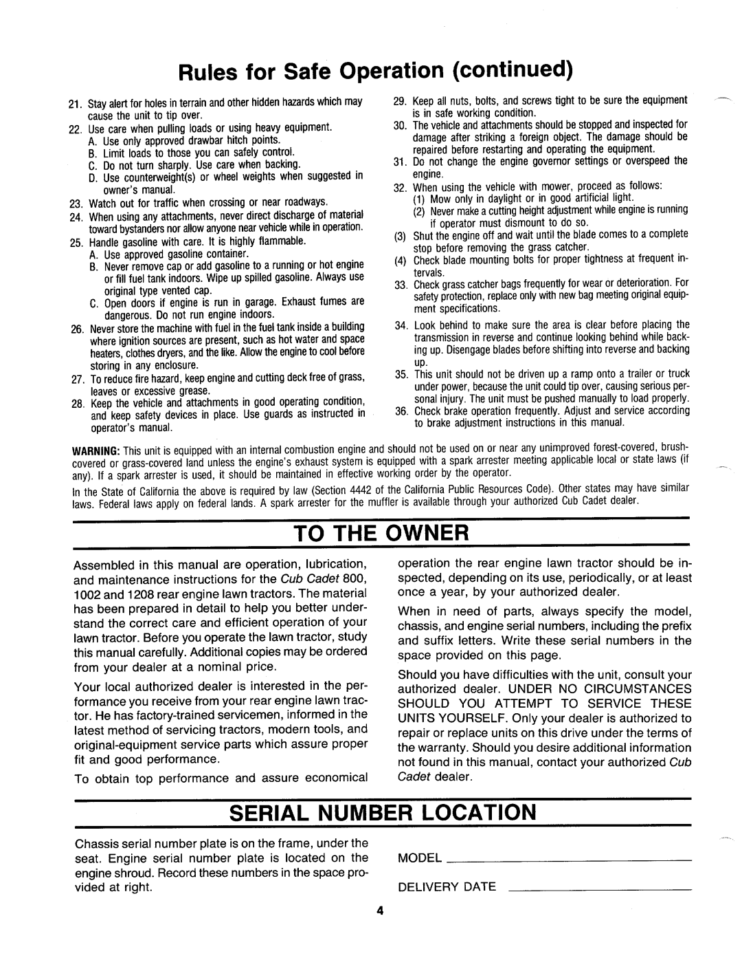 Cub Cadet 1208, 800, 1002 manual 