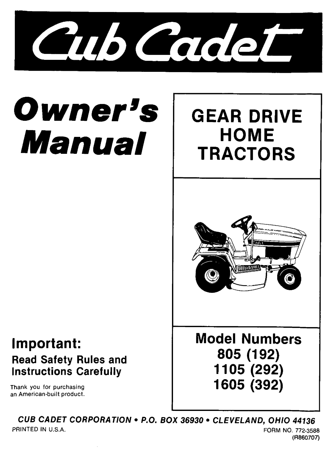 Cub Cadet 1605 (392), 805 (192), 1105 (292) manual 