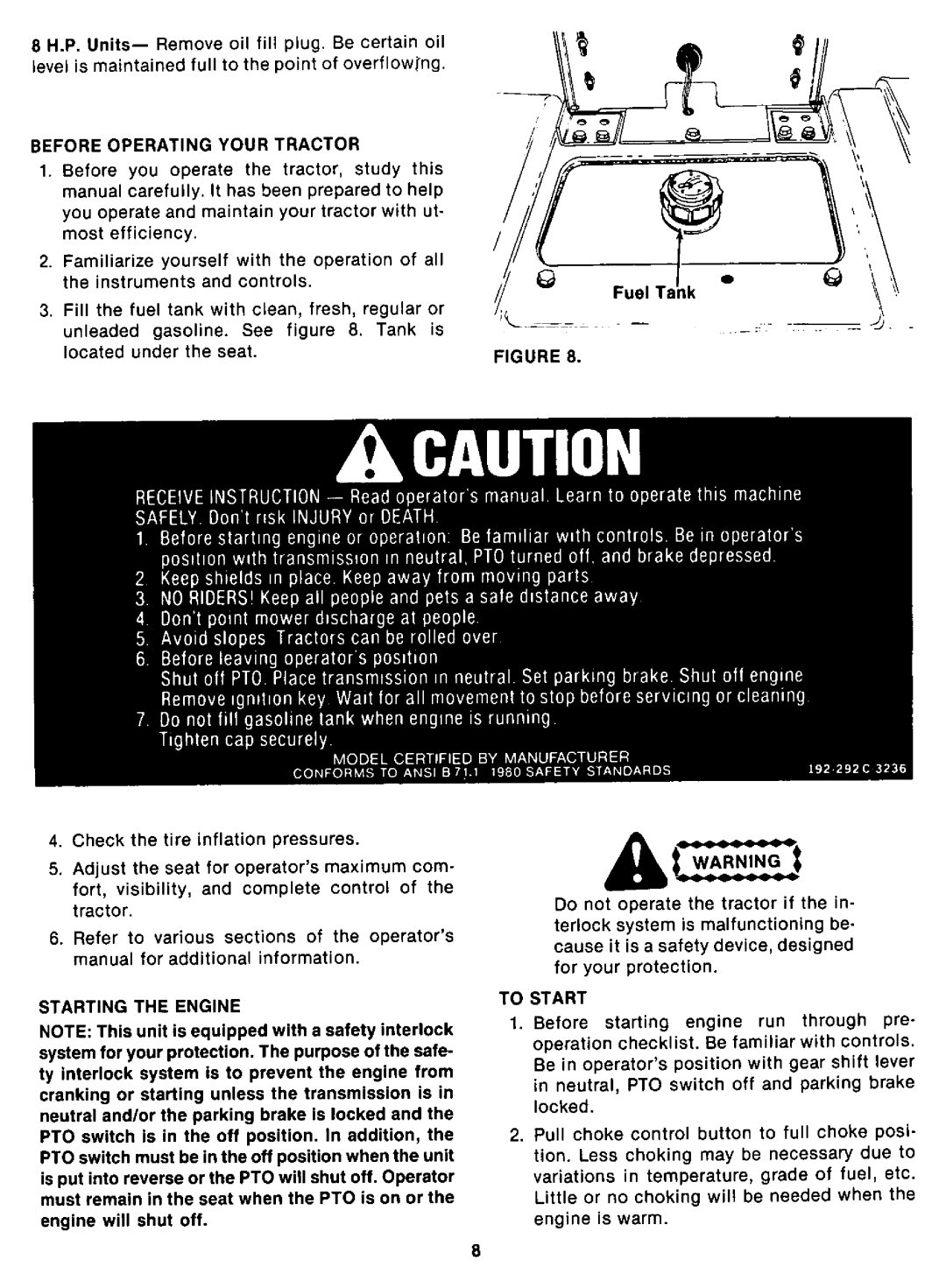 Cub Cadet 1105 (292), 805 (192), 1605 (392) manual 
