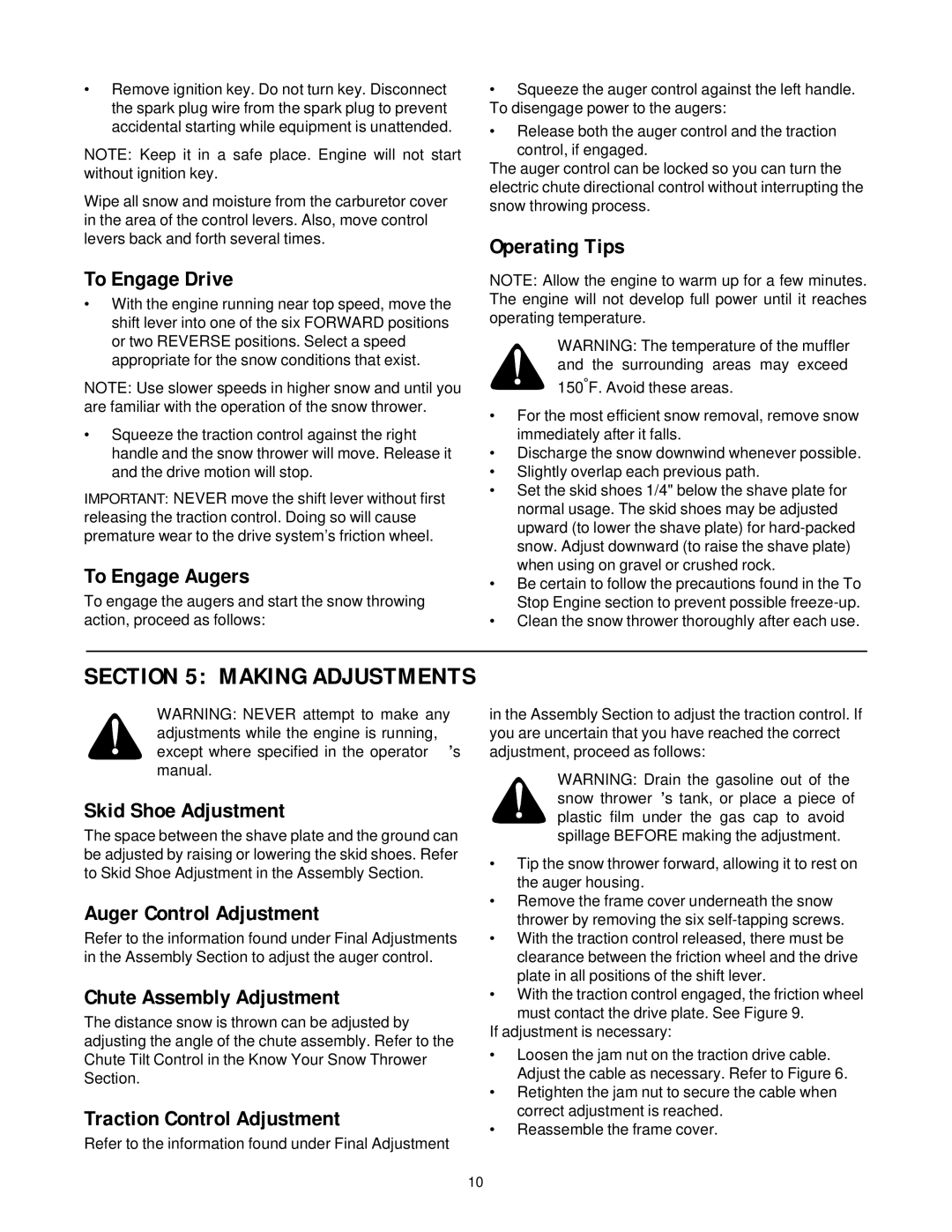 Cub Cadet 826 4x4 manual To Engage Drive, To Engage Augers, Operating Tips, Skid Shoe Adjustment, Auger Control Adjustment 