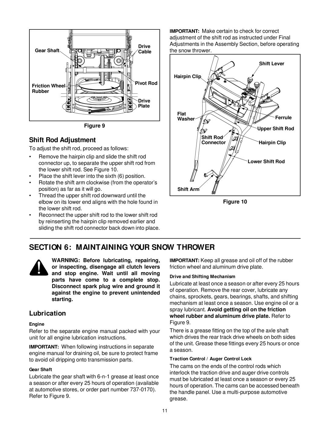 Cub Cadet 826 4x4 manual Maintaining Your Snow Thrower, Shift Rod Adjustment, Lubrication 