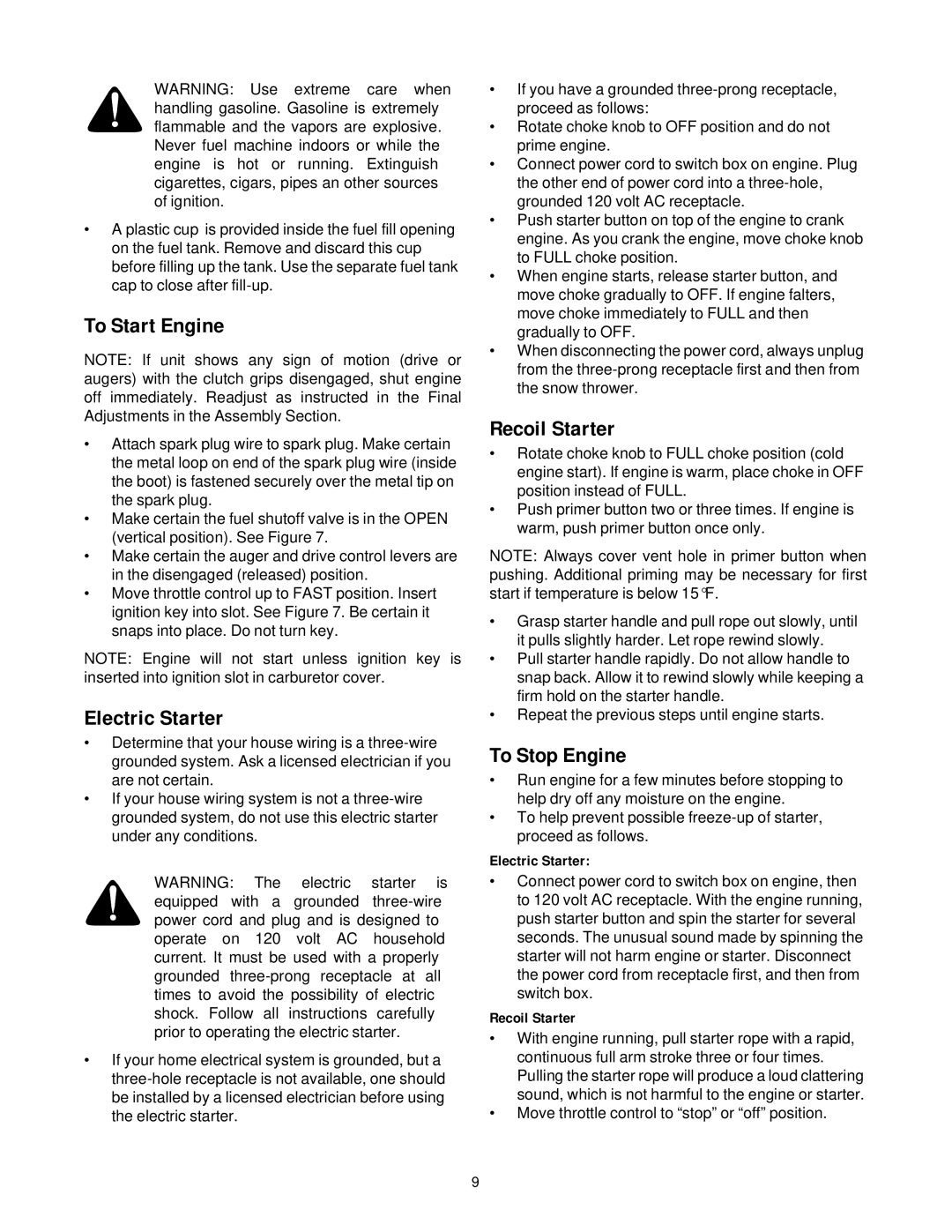 Cub Cadet 826 4x4 manual To Start Engine, Electric Starter, Recoil Starter, To Stop Engine 