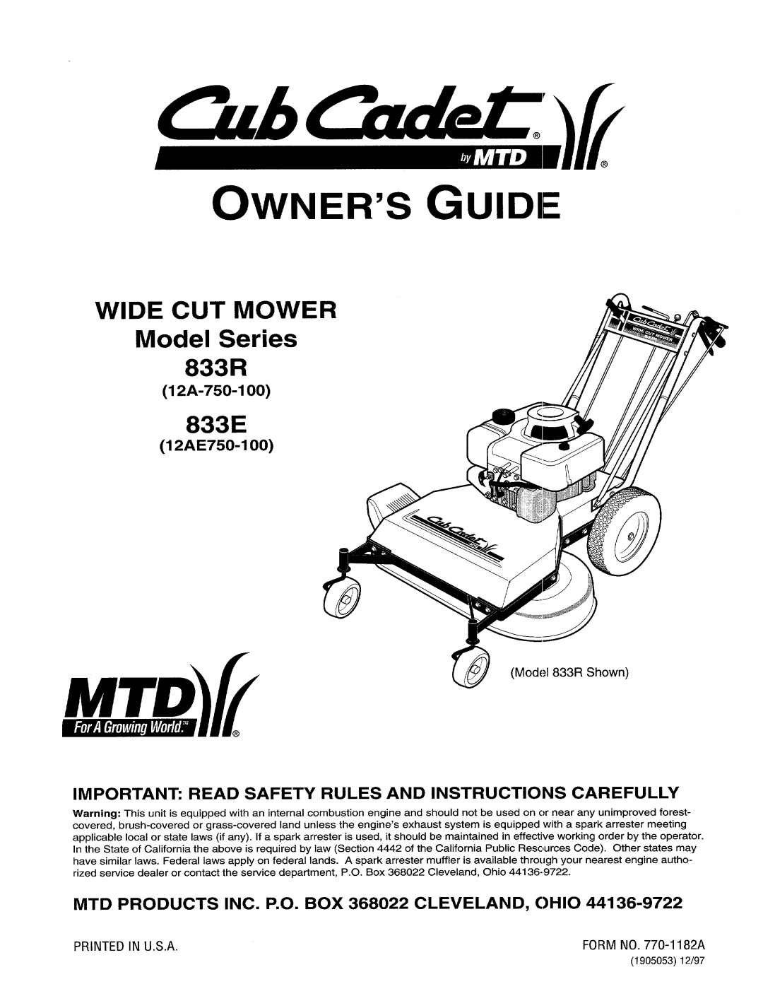 Cub Cadet 833R, 833E manual 