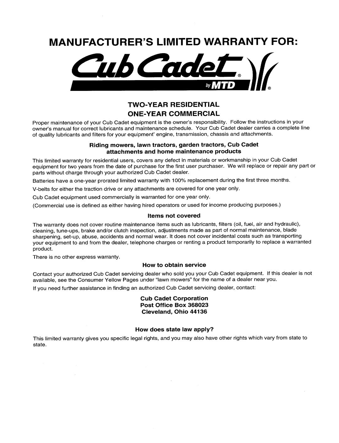 Cub Cadet 833E, 833R manual 