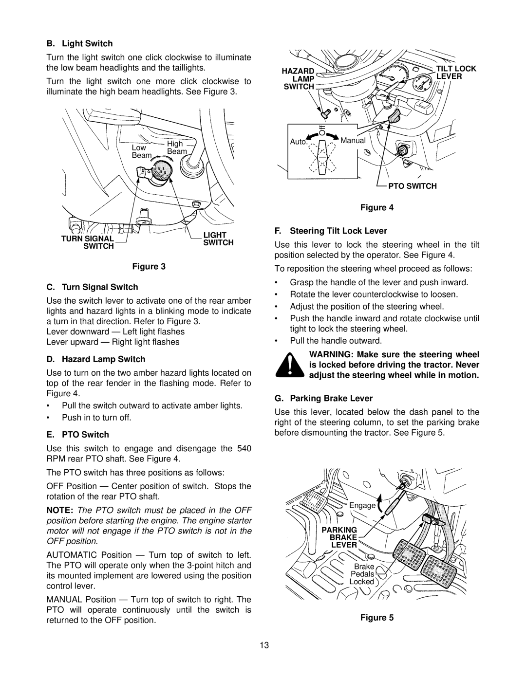 Cub Cadet 8354 manual Light Switch, Turn Signal Switch, Hazard Lamp Switch, PTO Switch, Steering Tilt Lock Lever 