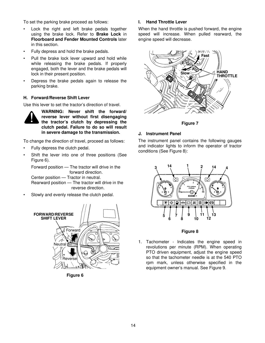 Cub Cadet 8354 manual Forward/Reverse Shift Lever, Hand Throttle Lever, Instrument Panel 