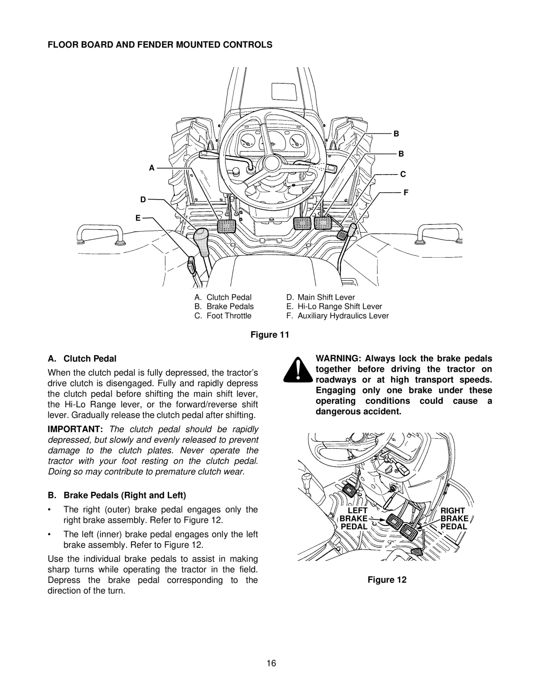 Cub Cadet 8354 manual Floor Board and Fender Mounted Controls, Clutch Pedal, Brake Pedals Right and Left 