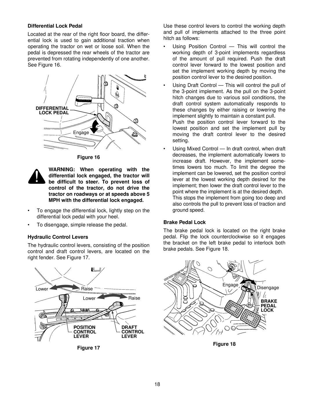 Cub Cadet 8354 manual Differential Lock Pedal, Hydraulic Control Levers, Brake Pedal Lock 