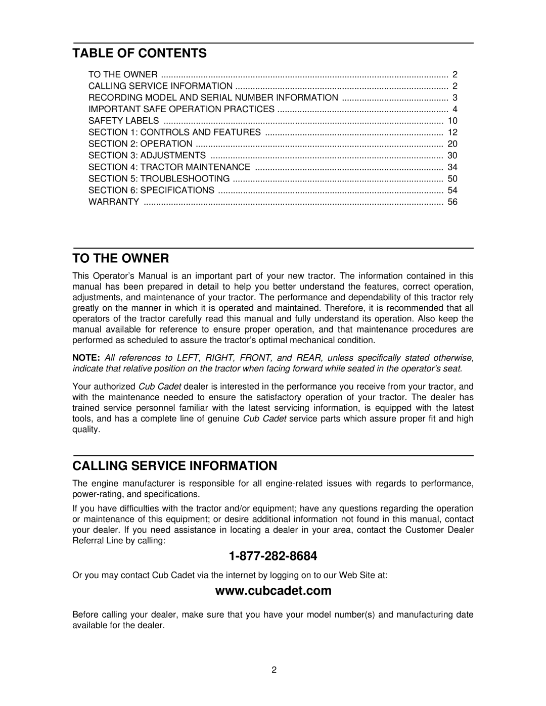 Cub Cadet 8354 manual Table of Contents, To the Owner, Calling Service Information 