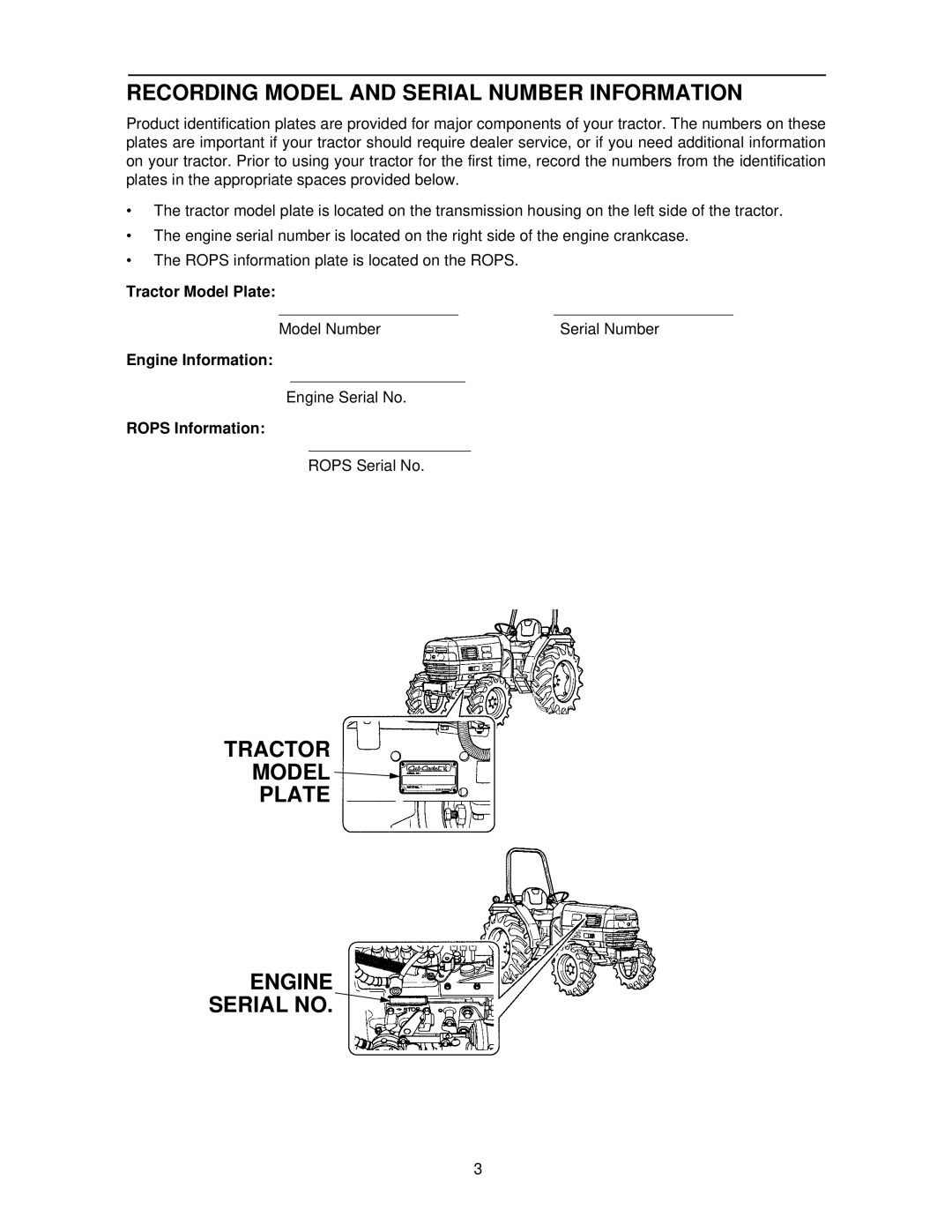 Cub Cadet 8354 manual Recording Model and Serial Number Information, Tractor, Plate Engine Serial no 