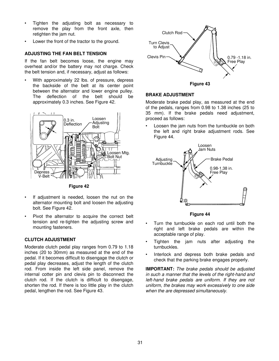 Cub Cadet 8354 manual Adjusting the FAN Belt Tension, Clutch Adjustment, Brake Adjustment 