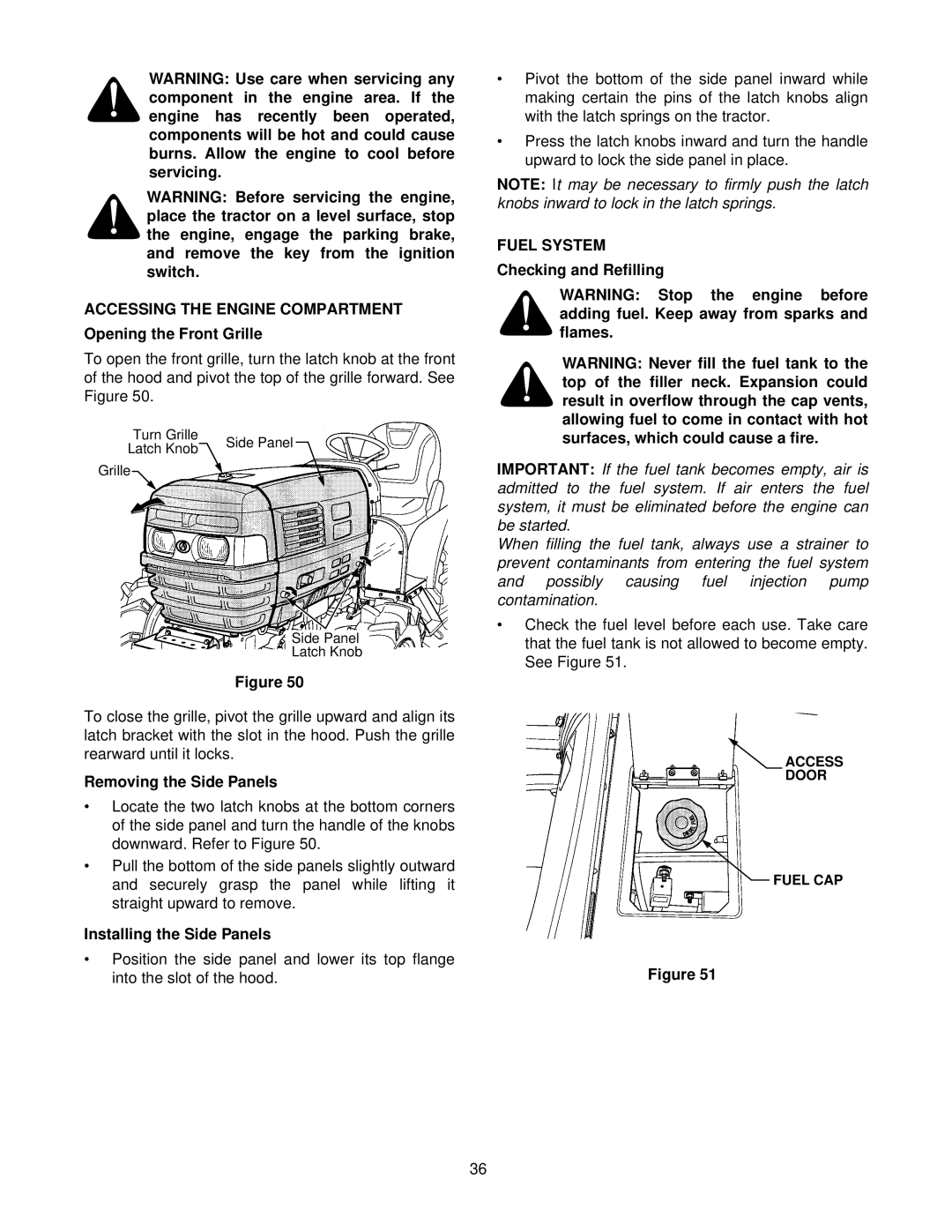 Cub Cadet 8354 manual Accessing the Engine Compartment, Fuel System 