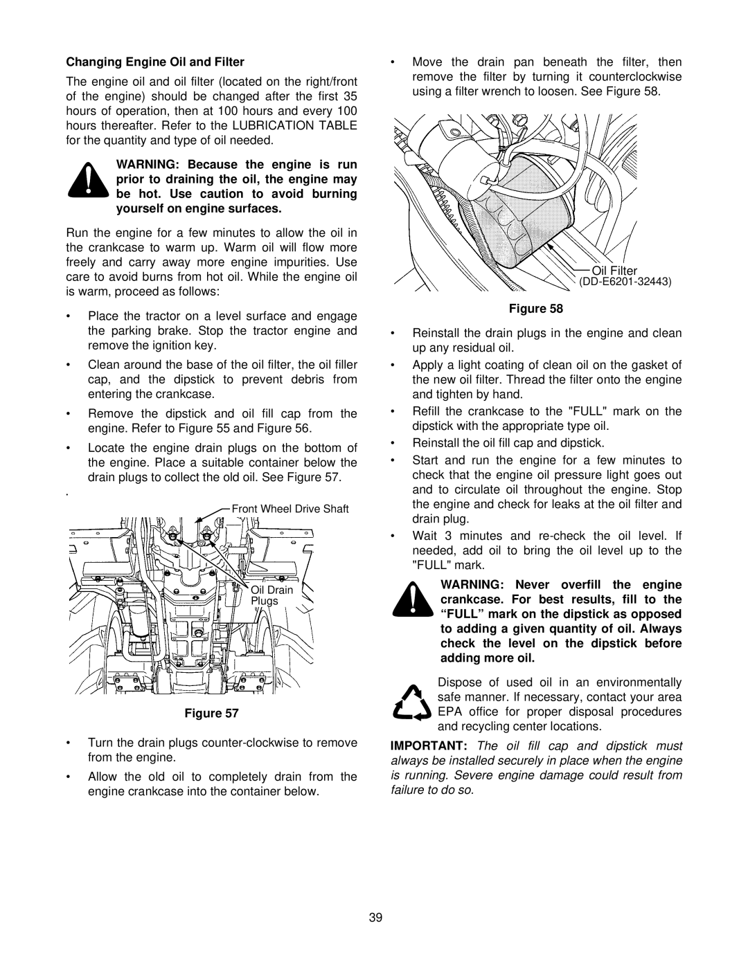 Cub Cadet 8354 manual Changing Engine Oil and Filter 