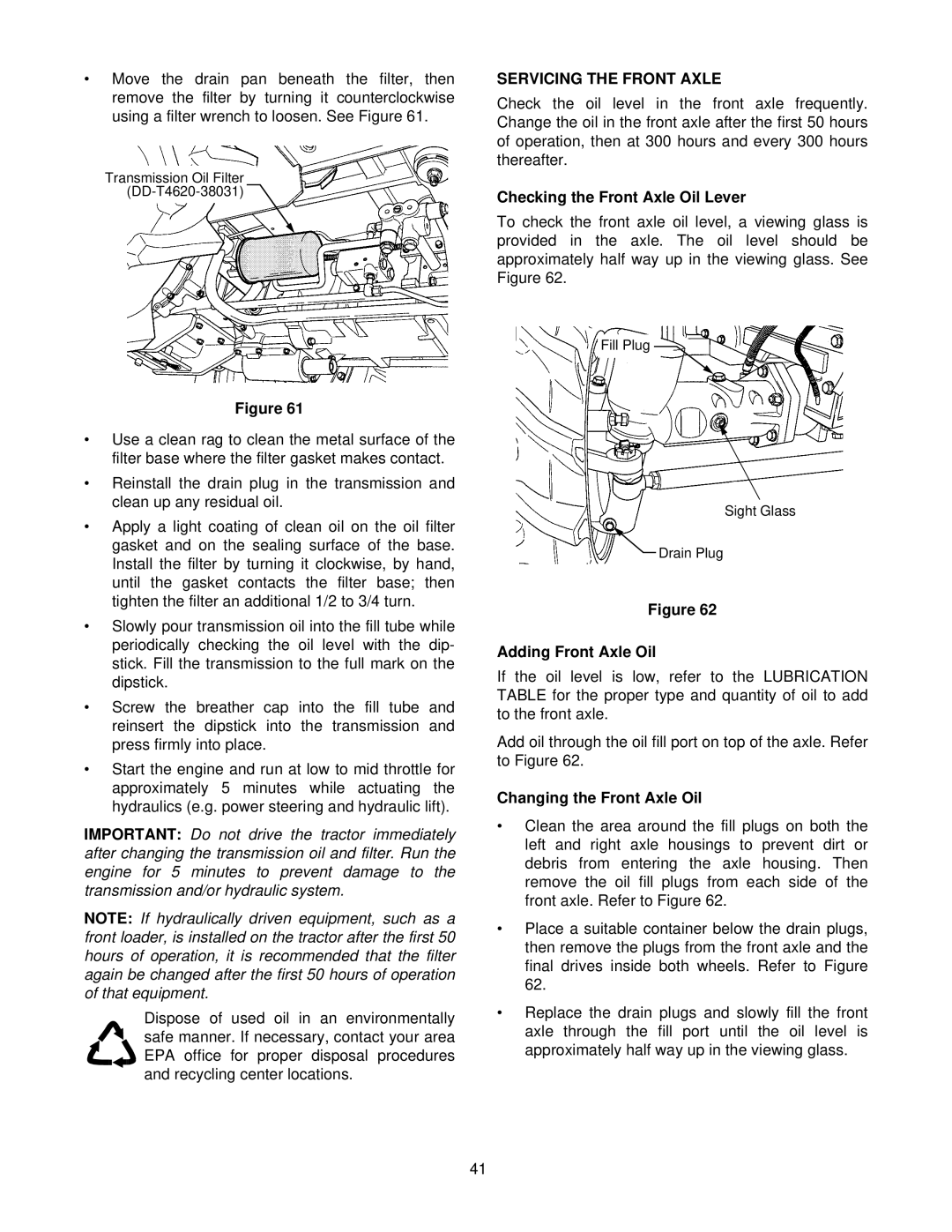 Cub Cadet 8354 manual Servicing the Front Axle, Checking the Front Axle Oil Lever, Adding Front Axle Oil 