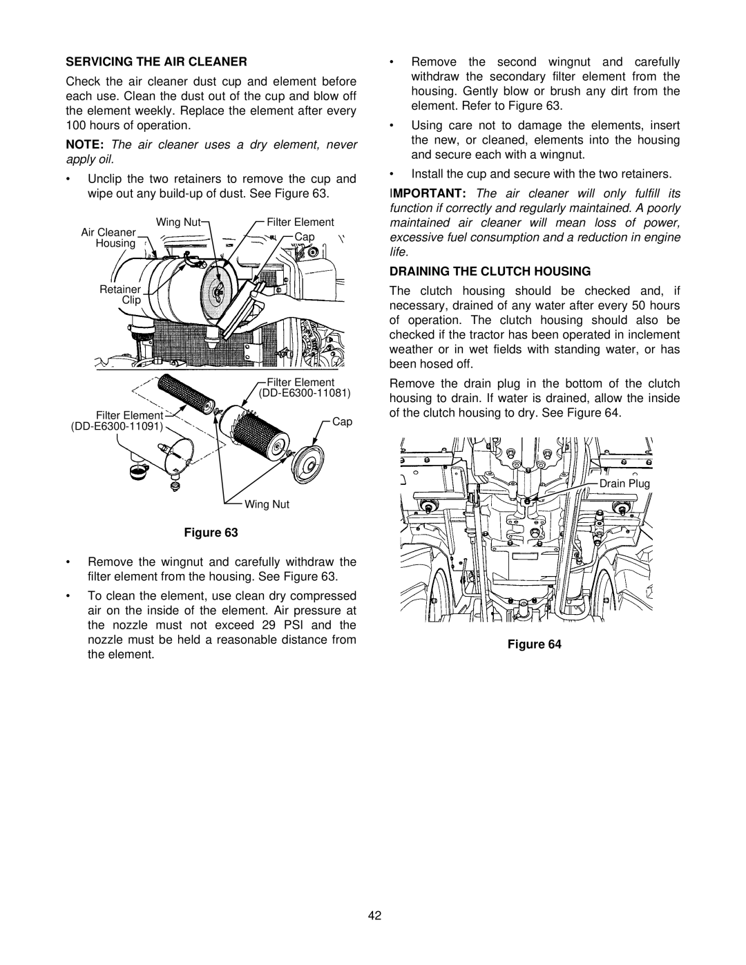 Cub Cadet 8354 manual Servicing the AIR Cleaner, Draining the Clutch Housing 