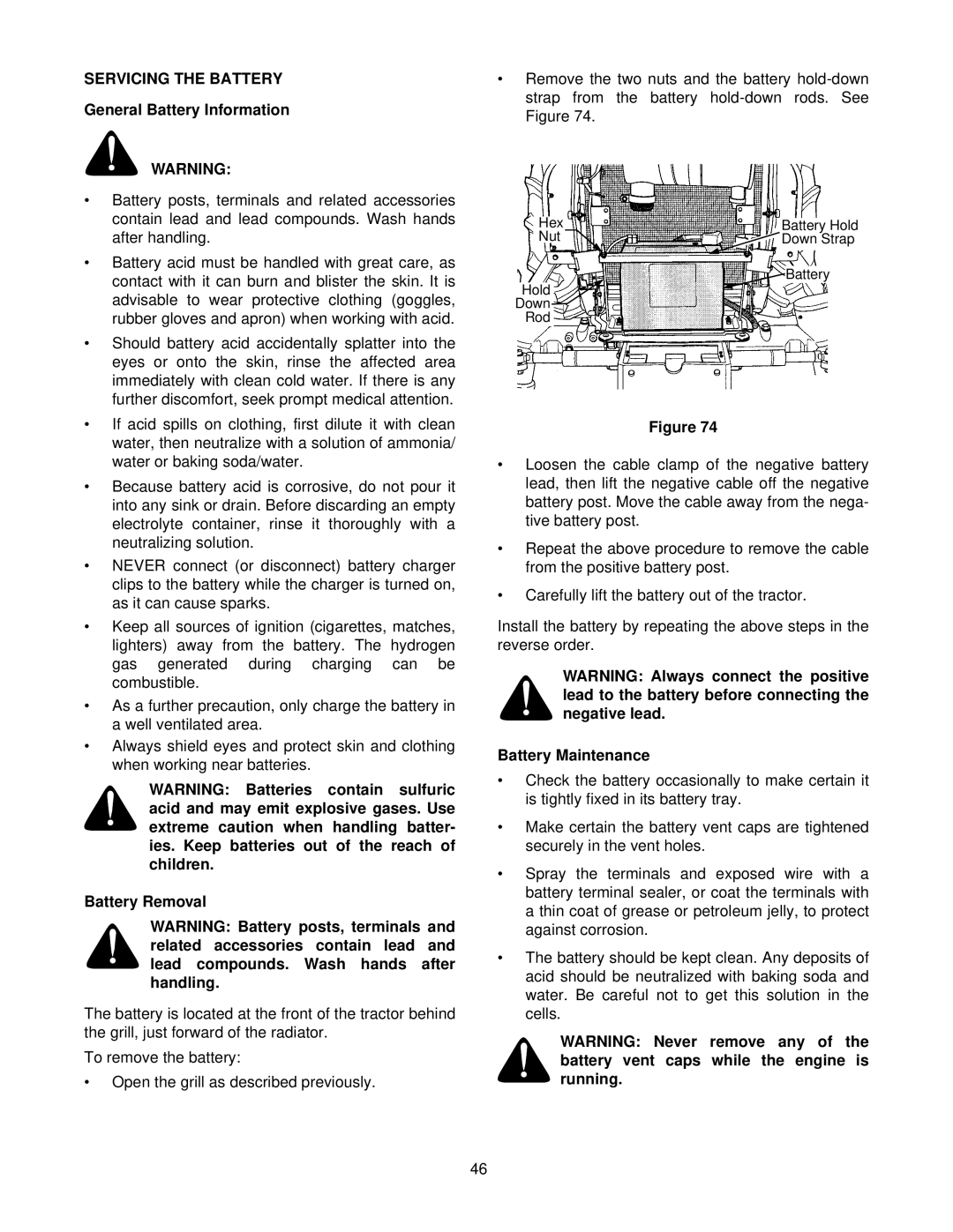 Cub Cadet 8354 manual Servicing the Battery, General Battery Information, Battery Removal, Battery Maintenance 