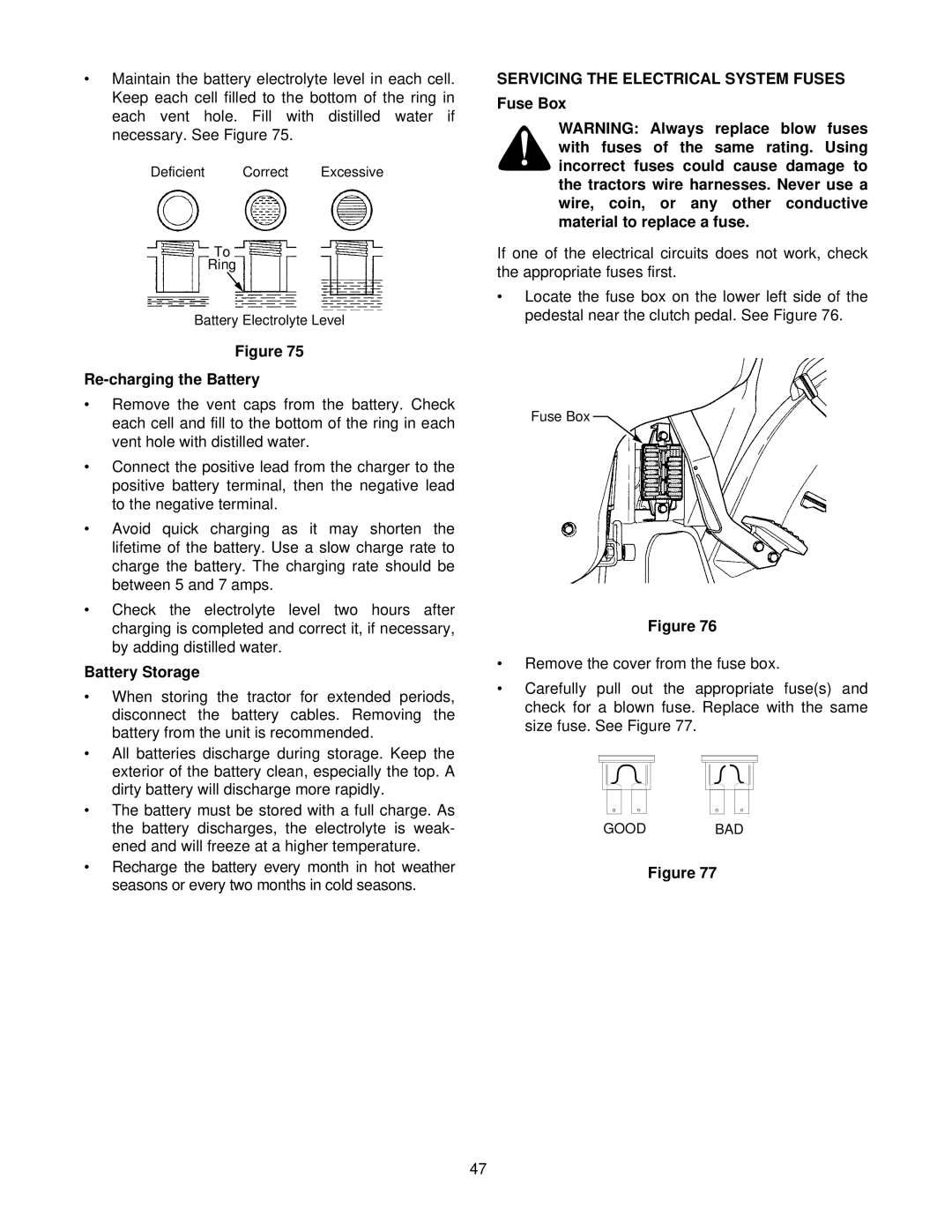 Cub Cadet 8354 manual Re-charging the Battery, Battery Storage, Servicing the Electrical System Fuses, Fuse Box 