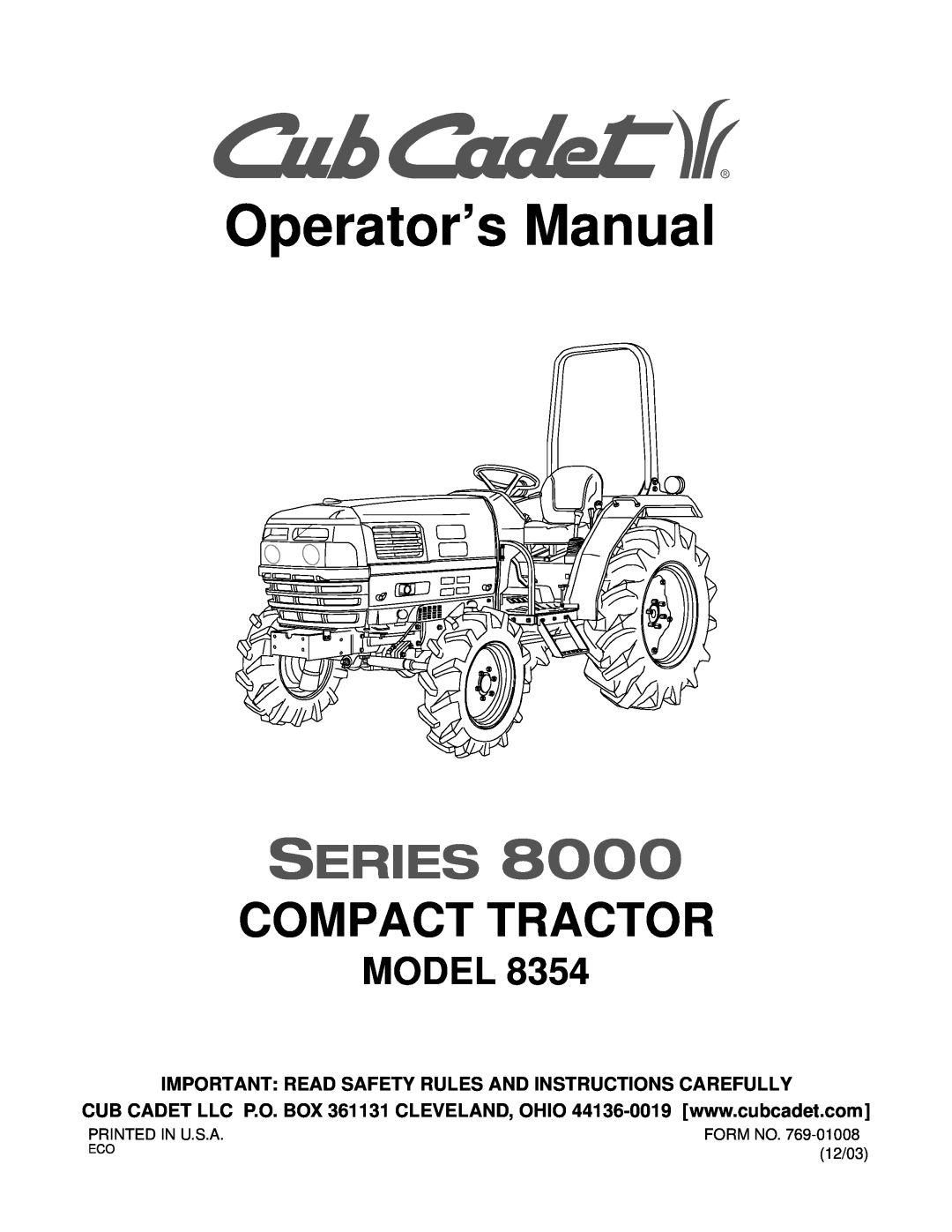 Cub Cadet 8354 manual Operator’s Manual, Series, Compact Tractor, Model 