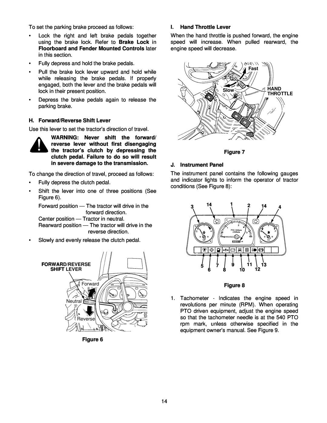 Cub Cadet 8354 manual H. Forward/Reverse Shift Lever, I.Hand Throttle Lever, Figure J. Instrument Panel 