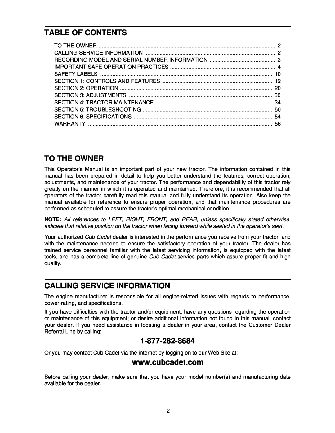 Cub Cadet 8354 manual Table Of Contents, To The Owner, Calling Service Information, 1-877-282-8684 