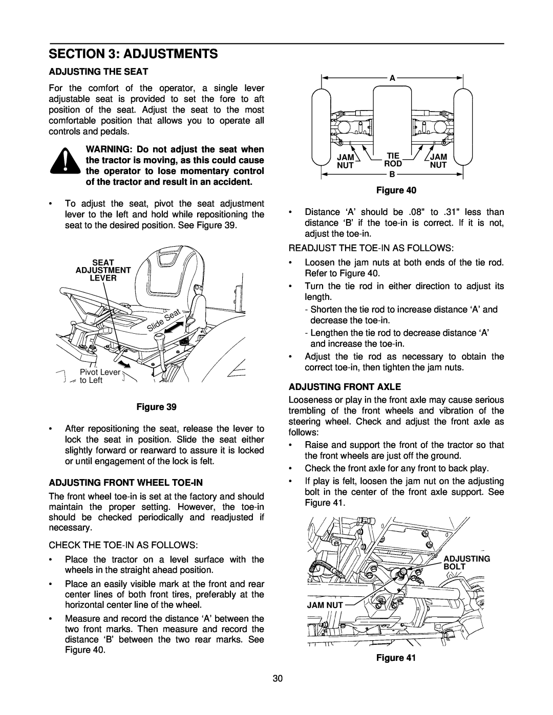 Cub Cadet 8354 manual Adjustments, Adjusting The Seat, Figure, Adjusting Front Wheel Toe-In, Adjusting Front Axle 