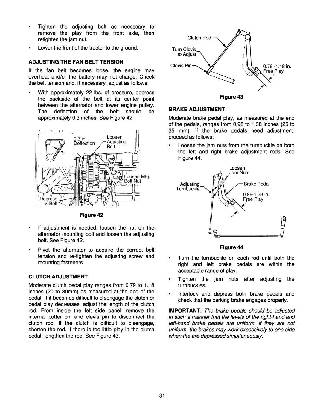 Cub Cadet 8354 manual Adjusting The Fan Belt Tension, Clutch Adjustment, Figure BRAKE ADJUSTMENT 