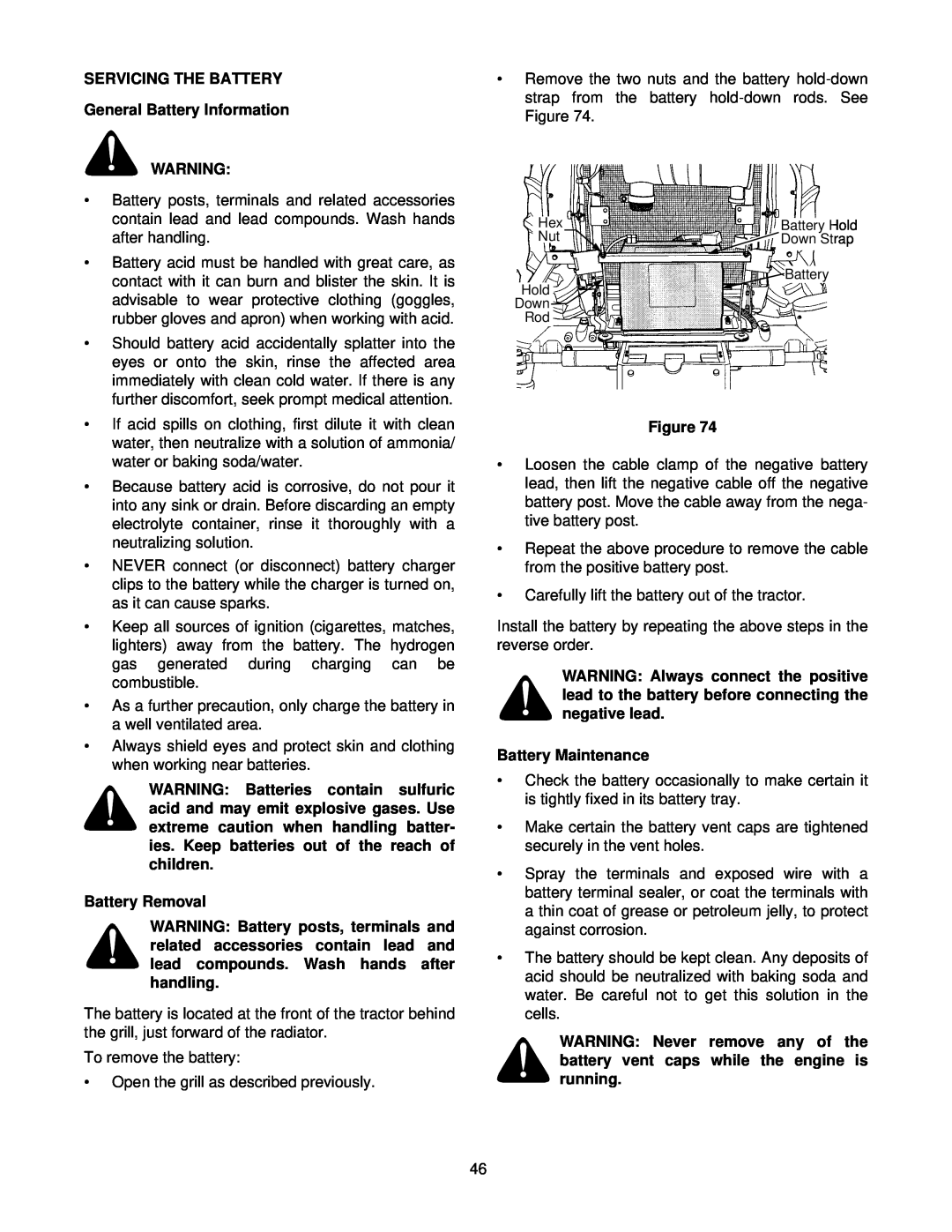 Cub Cadet 8354 manual SERVICING THE BATTERY General Battery Information, Battery Removal, Figure, Battery Maintenance 