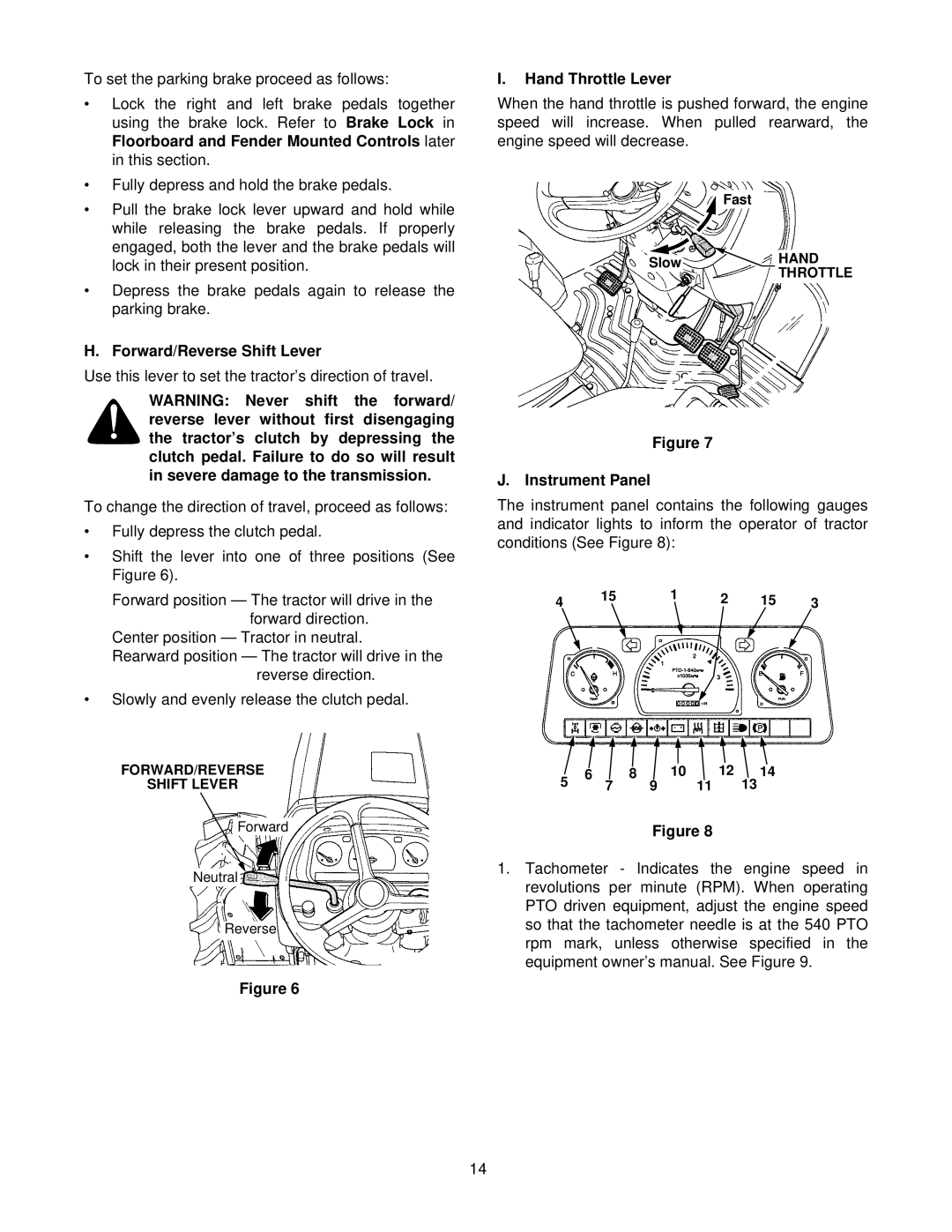 Cub Cadet 8404 manual Forward/Reverse Shift Lever, Hand Throttle Lever, Instrument Panel 