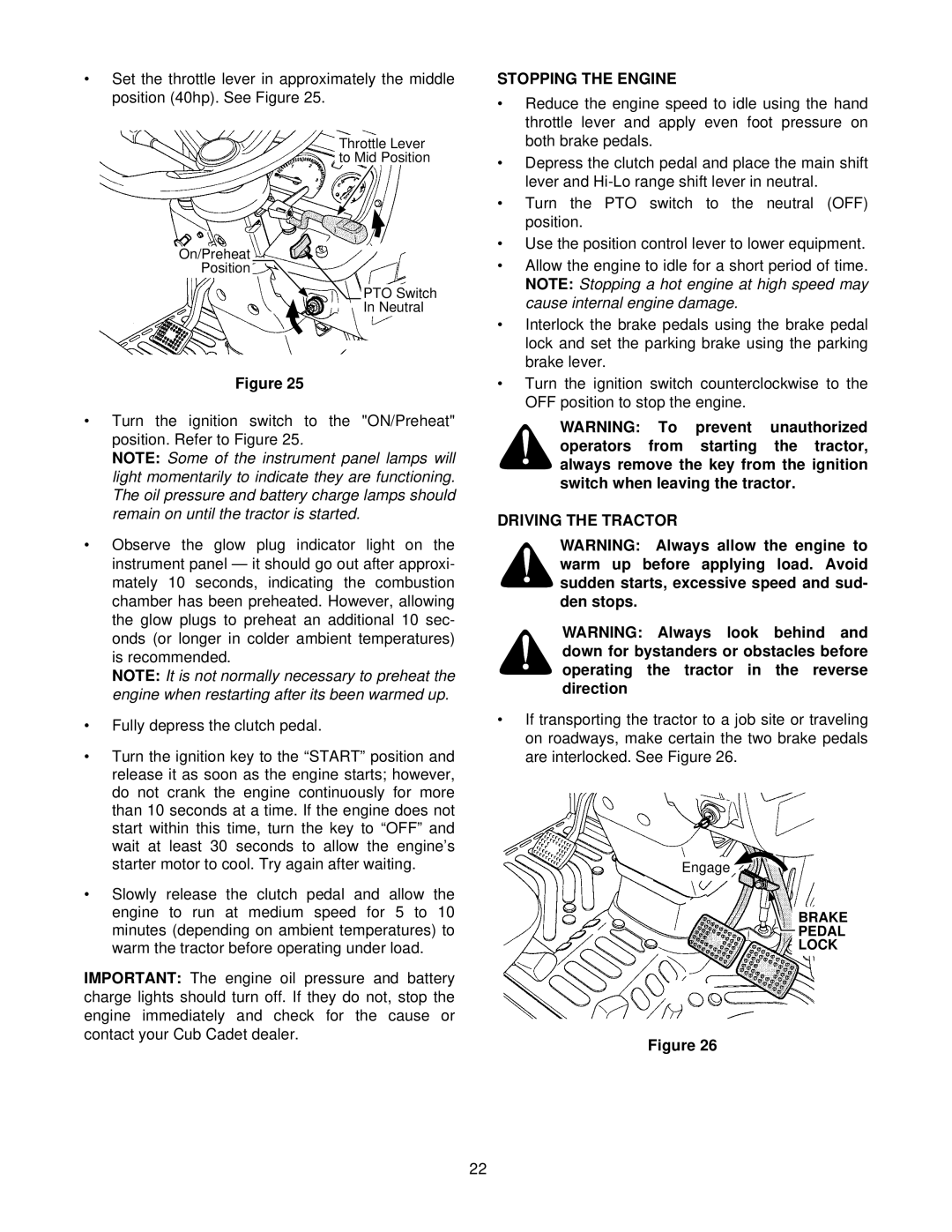 Cub Cadet 8404 manual Stopping the Engine, Driving the Tractor 