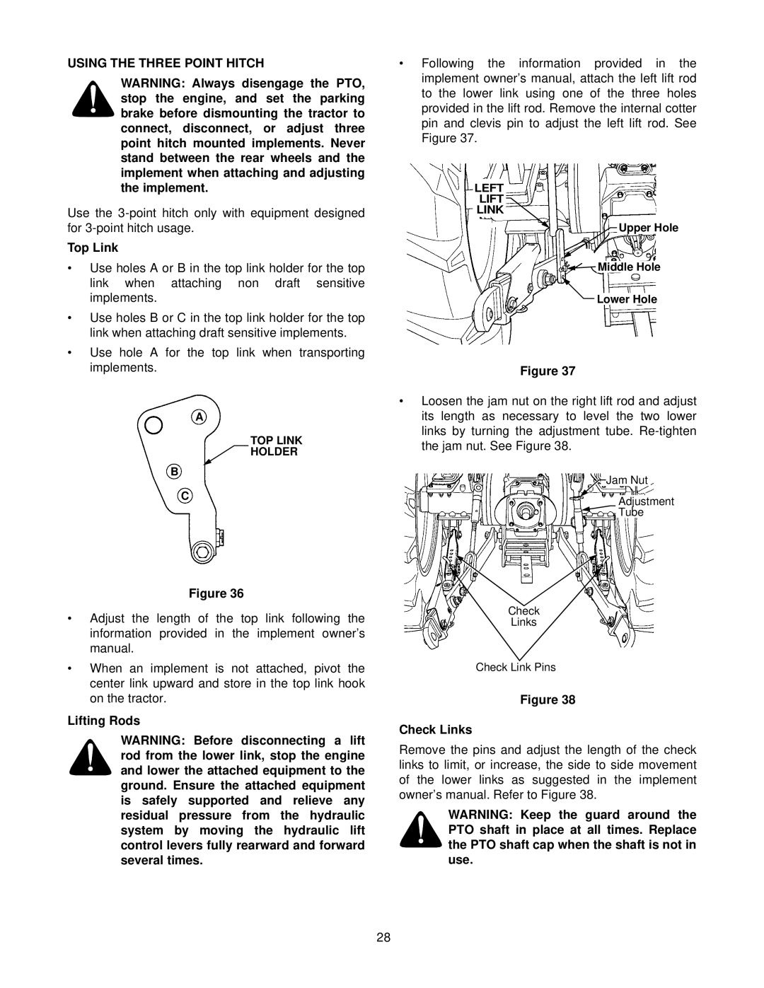 Cub Cadet 8404 manual Using the Three Point Hitch, Top Link, Lifting Rods, Check Links 