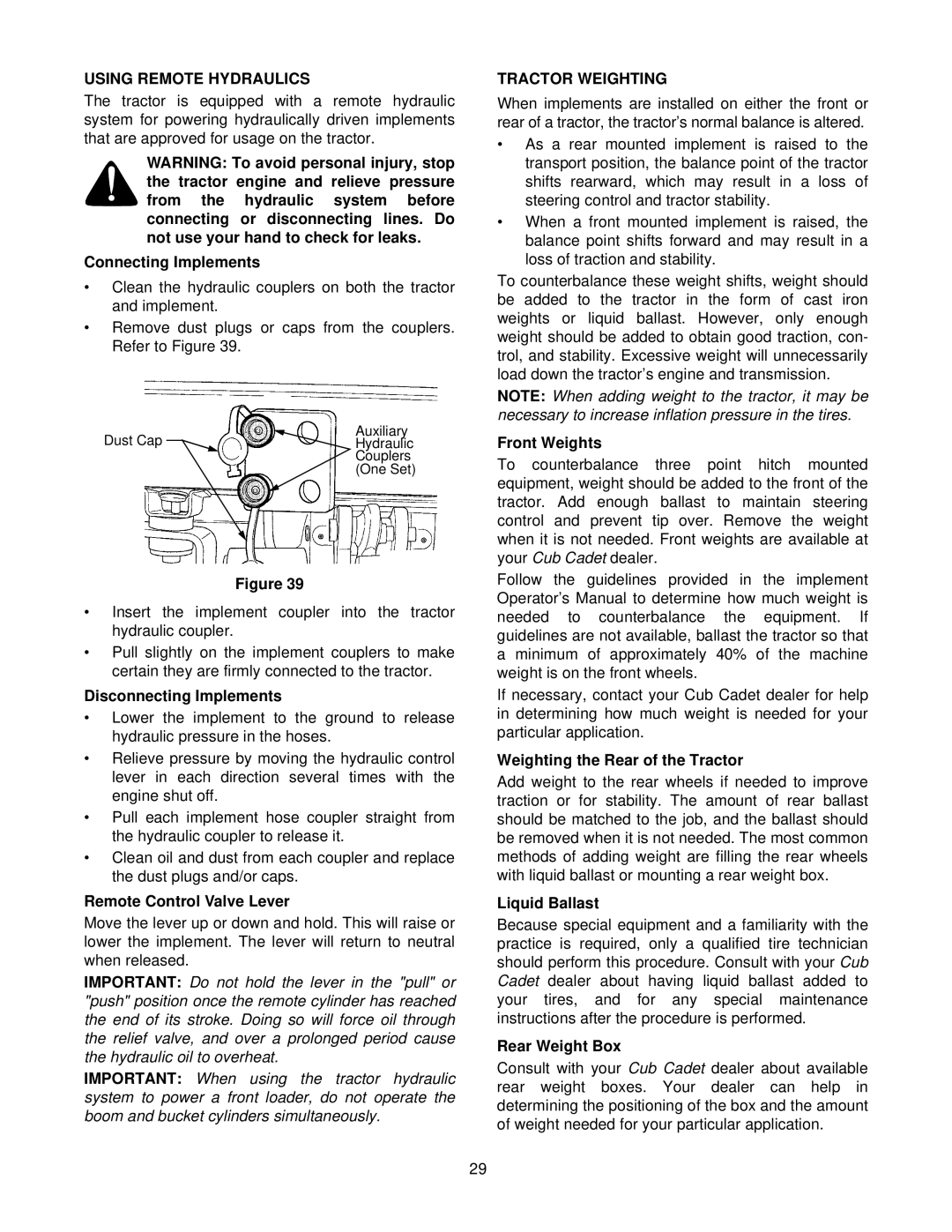 Cub Cadet 8404 manual Using Remote Hydraulics, Tractor Weighting 