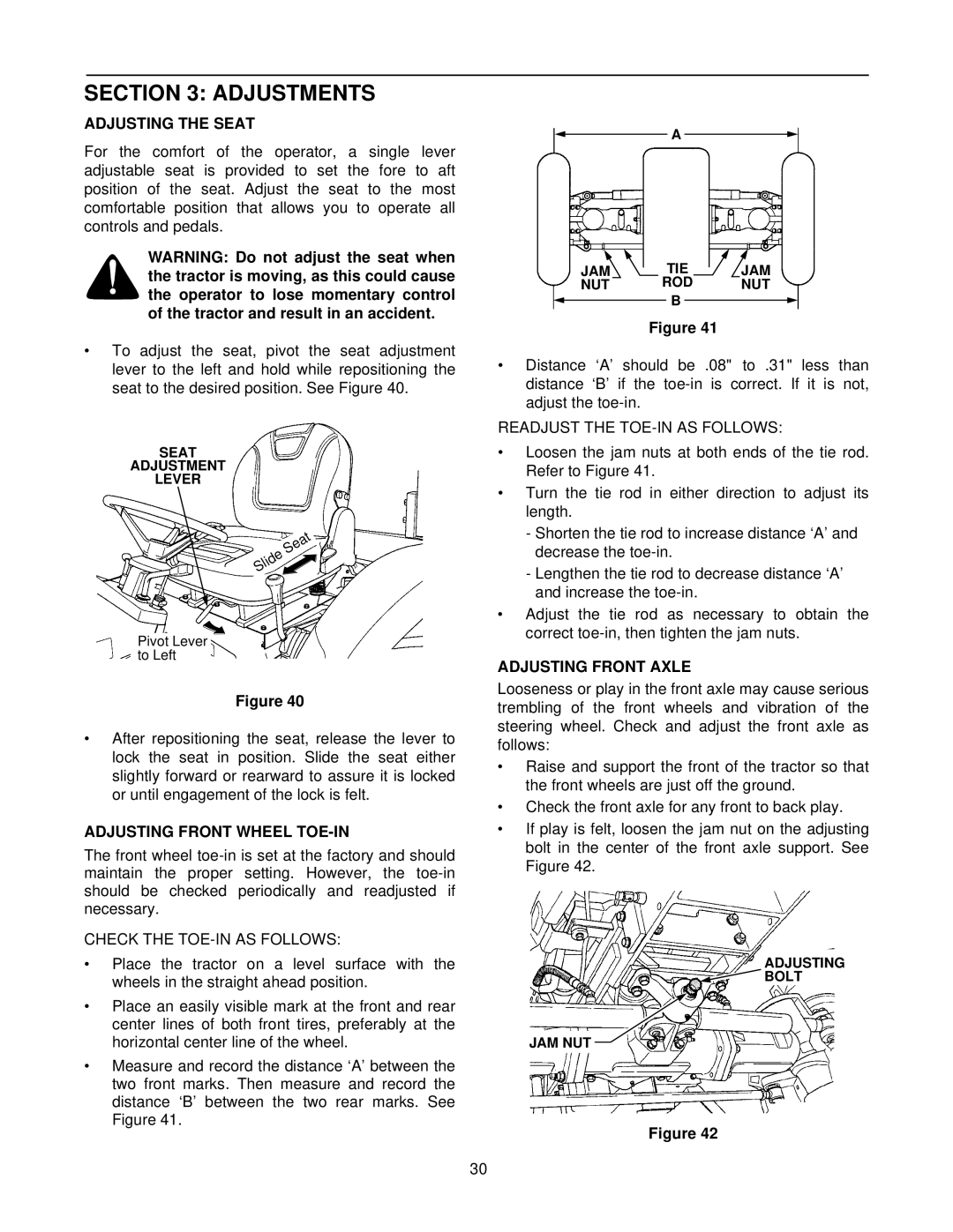 Cub Cadet 8404 manual Adjustments, Adjusting the Seat, Adjusting Front Wheel TOE-IN, Adjusting Front Axle 