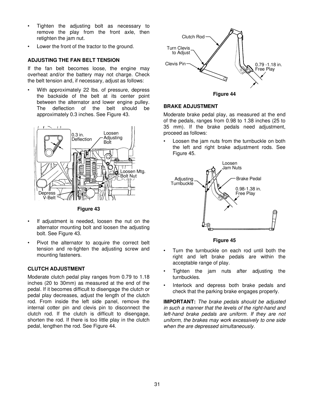 Cub Cadet 8404 manual Adjusting the FAN Belt Tension, Clutch Adjustment, Brake Adjustment 