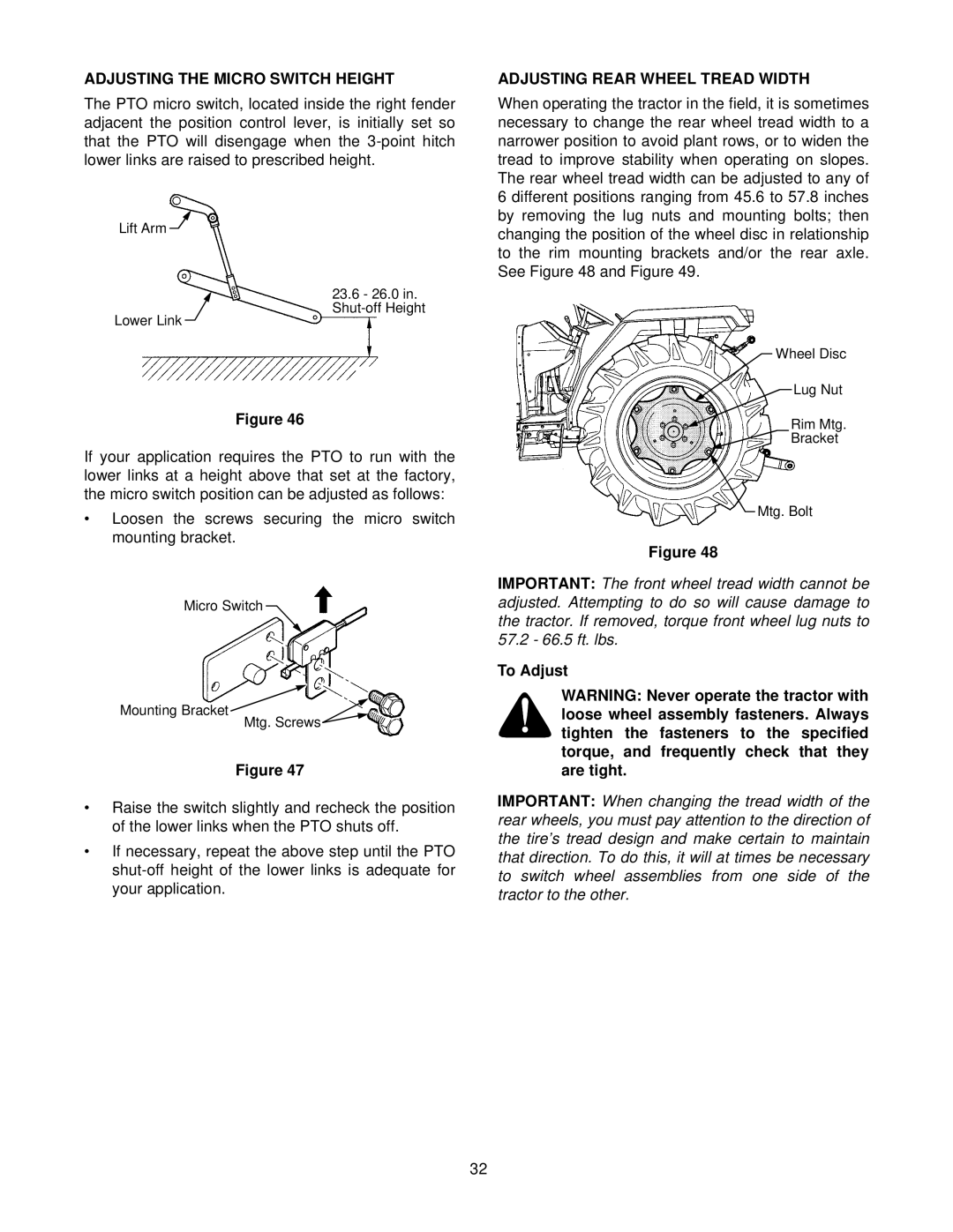 Cub Cadet 8404 manual Adjusting the Micro Switch Height, Adjusting Rear Wheel Tread Width, To Adjust 