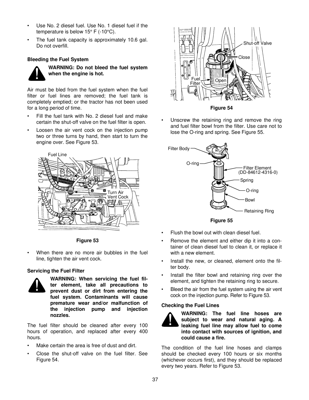 Cub Cadet 8404 manual Bleeding the Fuel System, Servicing the Fuel Filter, Checking the Fuel Lines 