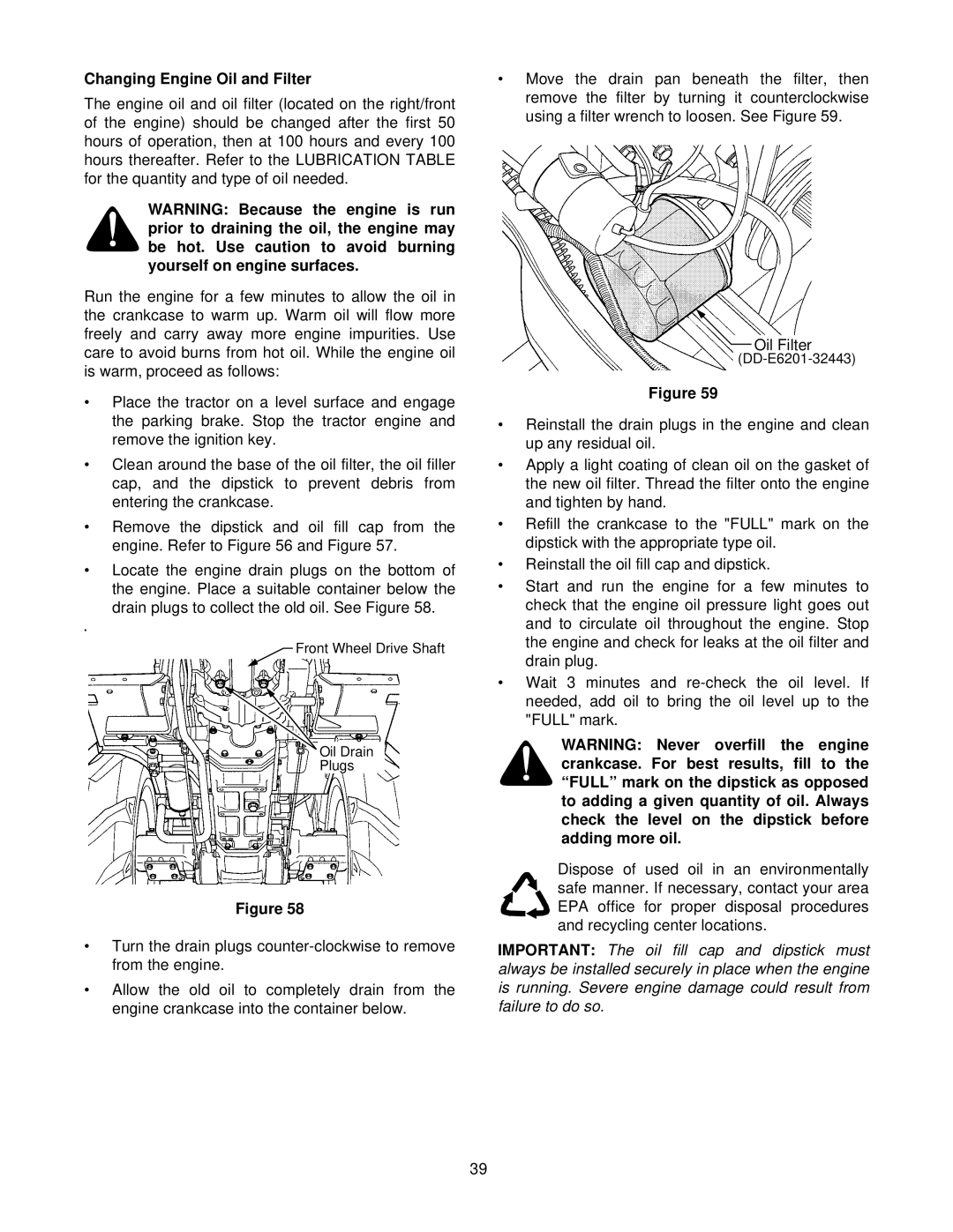 Cub Cadet 8404 manual Changing Engine Oil and Filter 